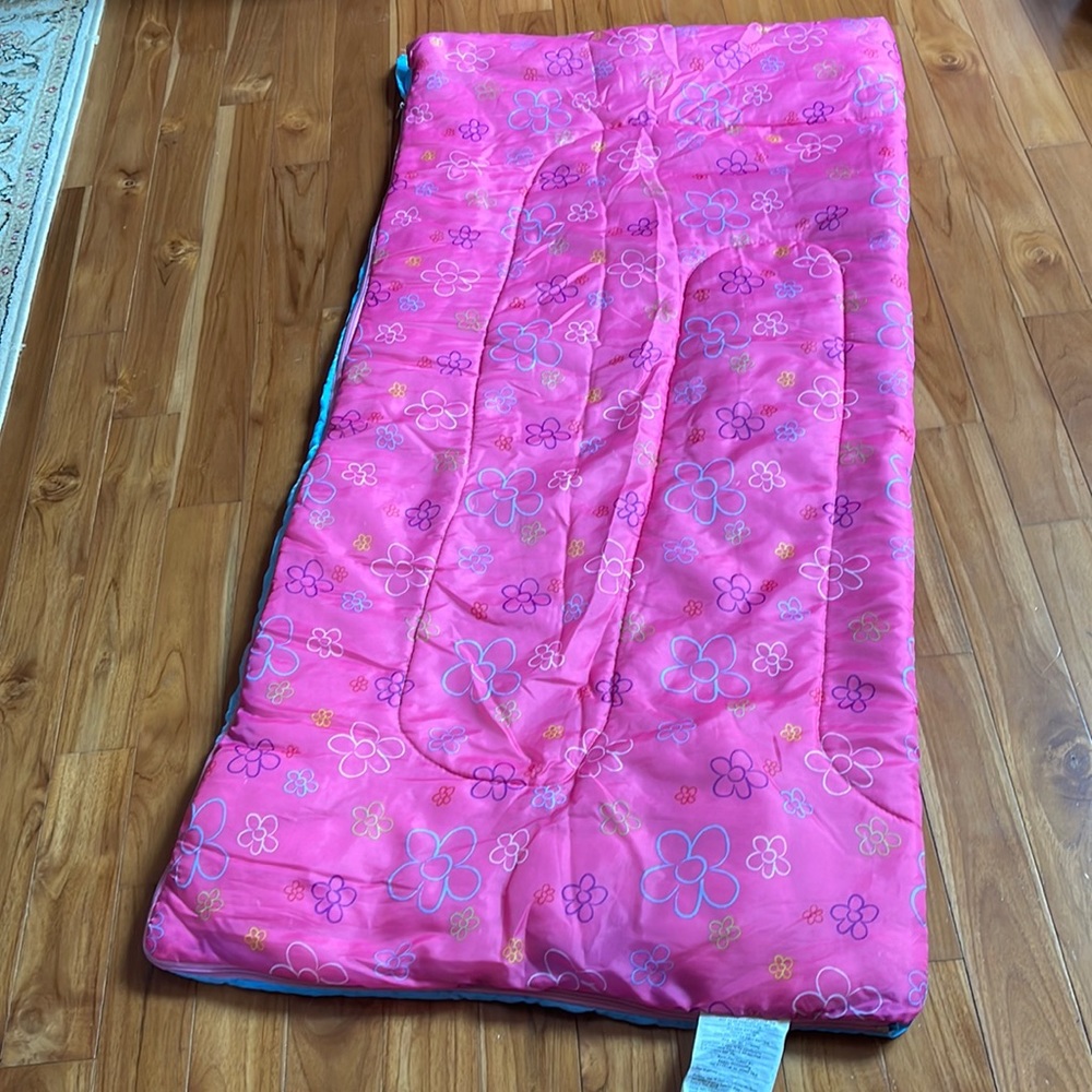 Sleeping bag pink floral front and solid blue back 28"x57" camping sleepover